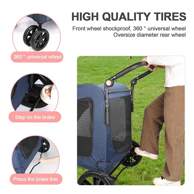 Large Dog Travel Stroller with 4 Heavy Duty Wheels Pet Stroller with Adjustable Handle - Double Doggie Capacity Jogger Wagon with Back Front Door for Small Medium Large Dogs (Navy)