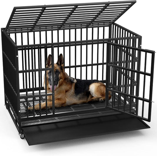 LEMBERI 48/38 inch Heavy Duty Indestructible Dog Crate, Escape Proof Dogs Cage Kennel with Lockable Wheels,High Anxiety Double Door Kennel,Extra Large Crate Indoor for Large Dog with Removable Tray