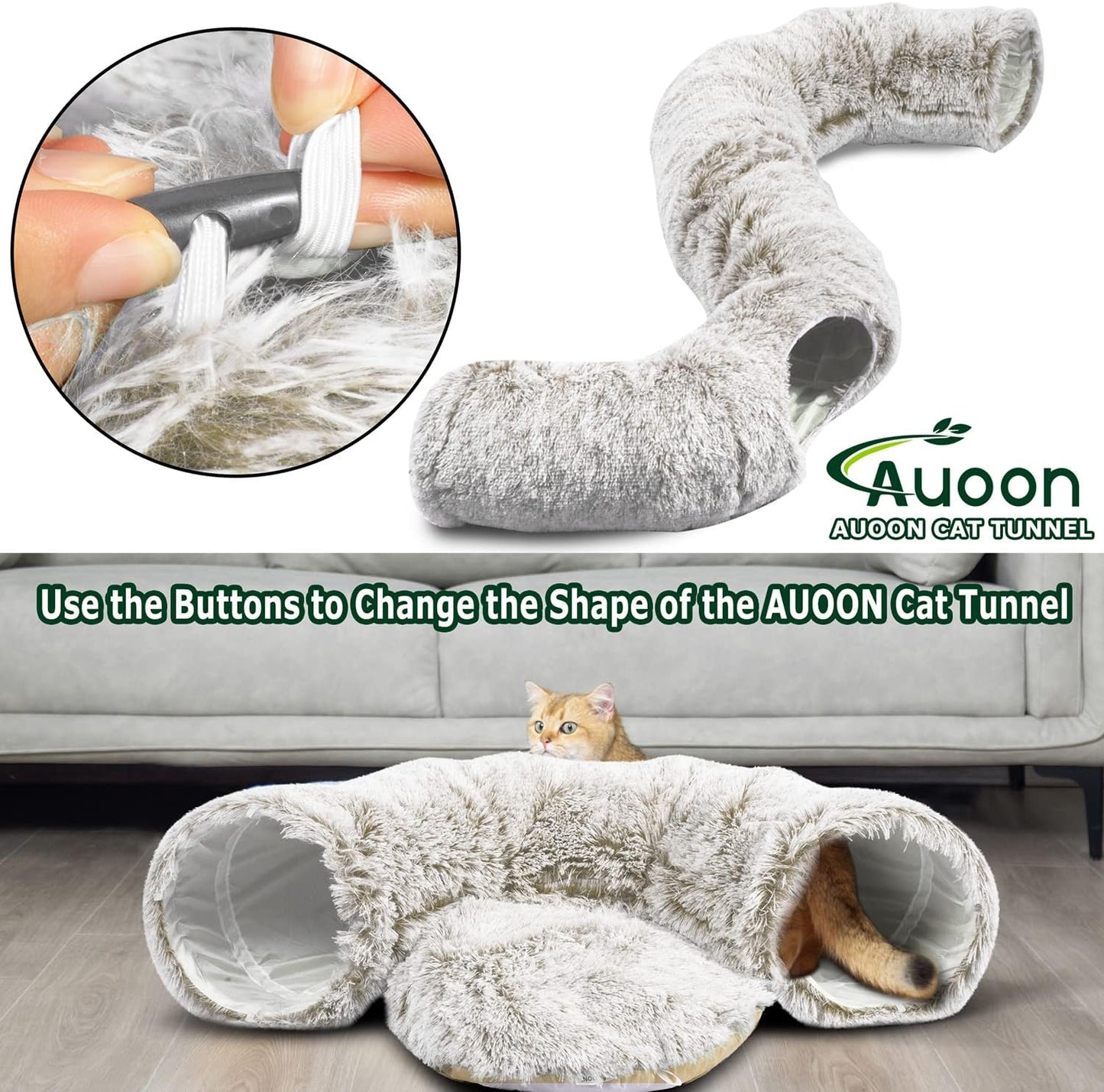 AUOON Cat Tunnel Bed - Cat Donut Tunnel with Soft Plush Circle Cushion for Indoor Cats Kitten Kitty Puppy Rabbit Ferret (Khaki)