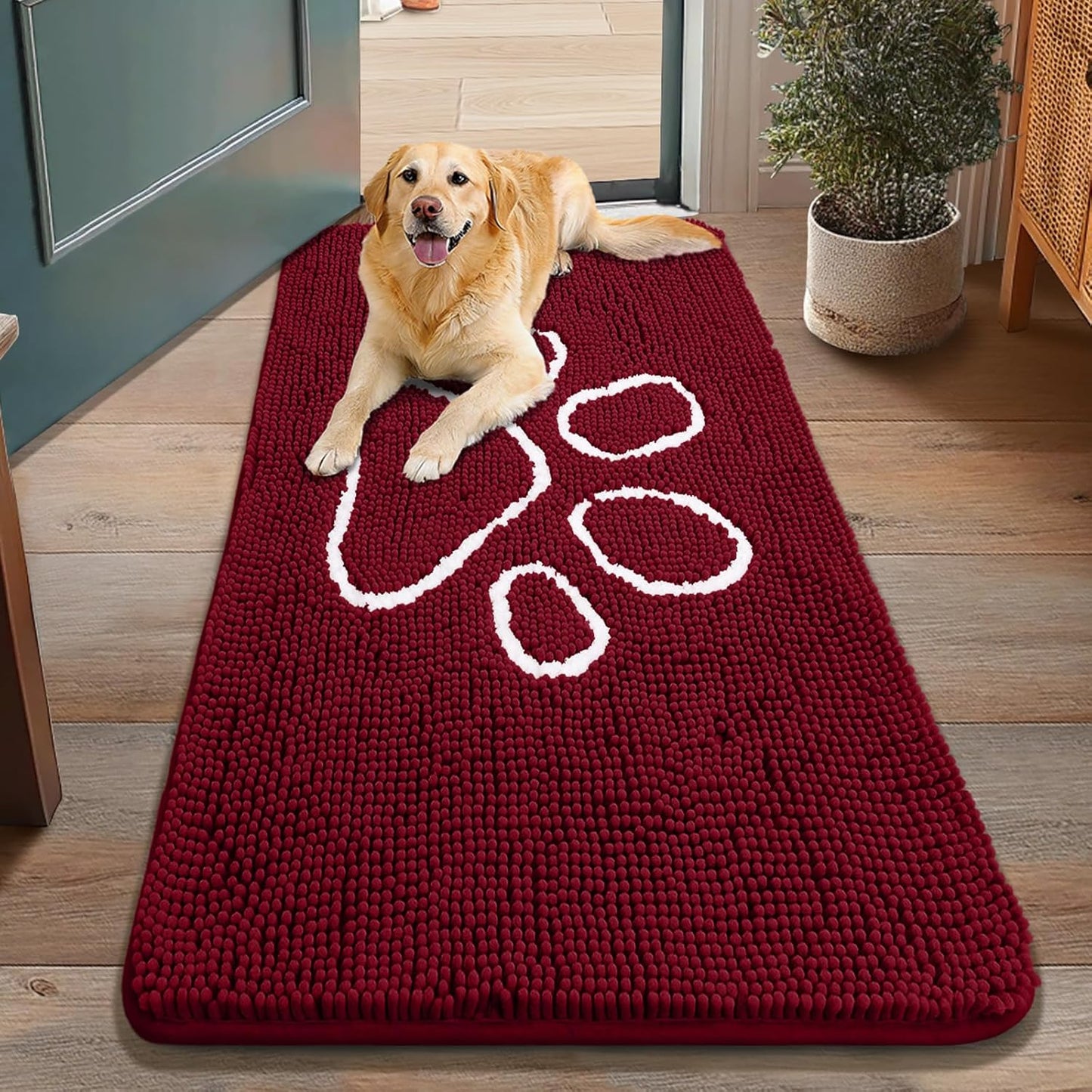 Smiry Dog Door Mat for Muddy Paws, Absorbent Dirt Trapper Non Slip Quick Dry Washable Chenille Mat for Mud Dogs, Entry Rug for Indoor and Outdoor (48x30 Inches, Burgundy)