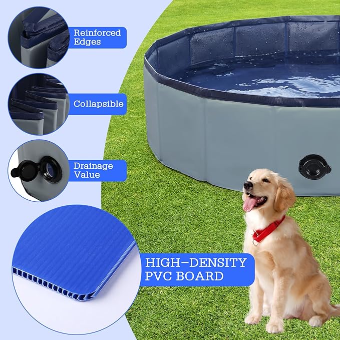 Foldable Dog Bath Swimming Pool Plastic Kiddie Pool Professional Tub Collapsible Grooming Bathtub for Pets Kids Baby and Toddler, 39.5 x 12 Inches Gray