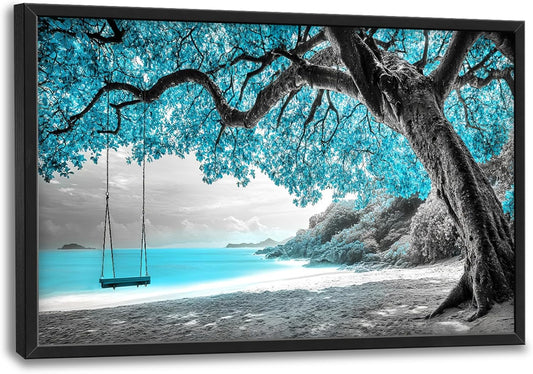 Extra Large Framed Abstract Tree Wall Art,Black and White Tree of Life Wall Decor,Blue Teal Sea Pictures for Living Room,Canvas Print Painting Modern Artwork Bedroom Office Bathroom 36L x 24W