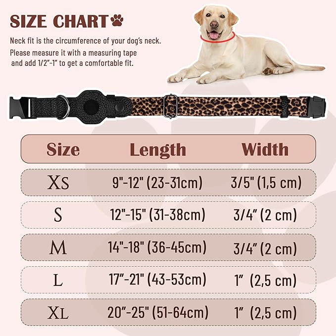 AirTag Dog Collar for Small Medium Large Breed - Adjustable Cute Pattern Dog Collar with Airtag Holder - Soft Leather Tracker GPS Apple Air Tag Pet Collars (Small, 12"-15" Neck Fit, Leopard)