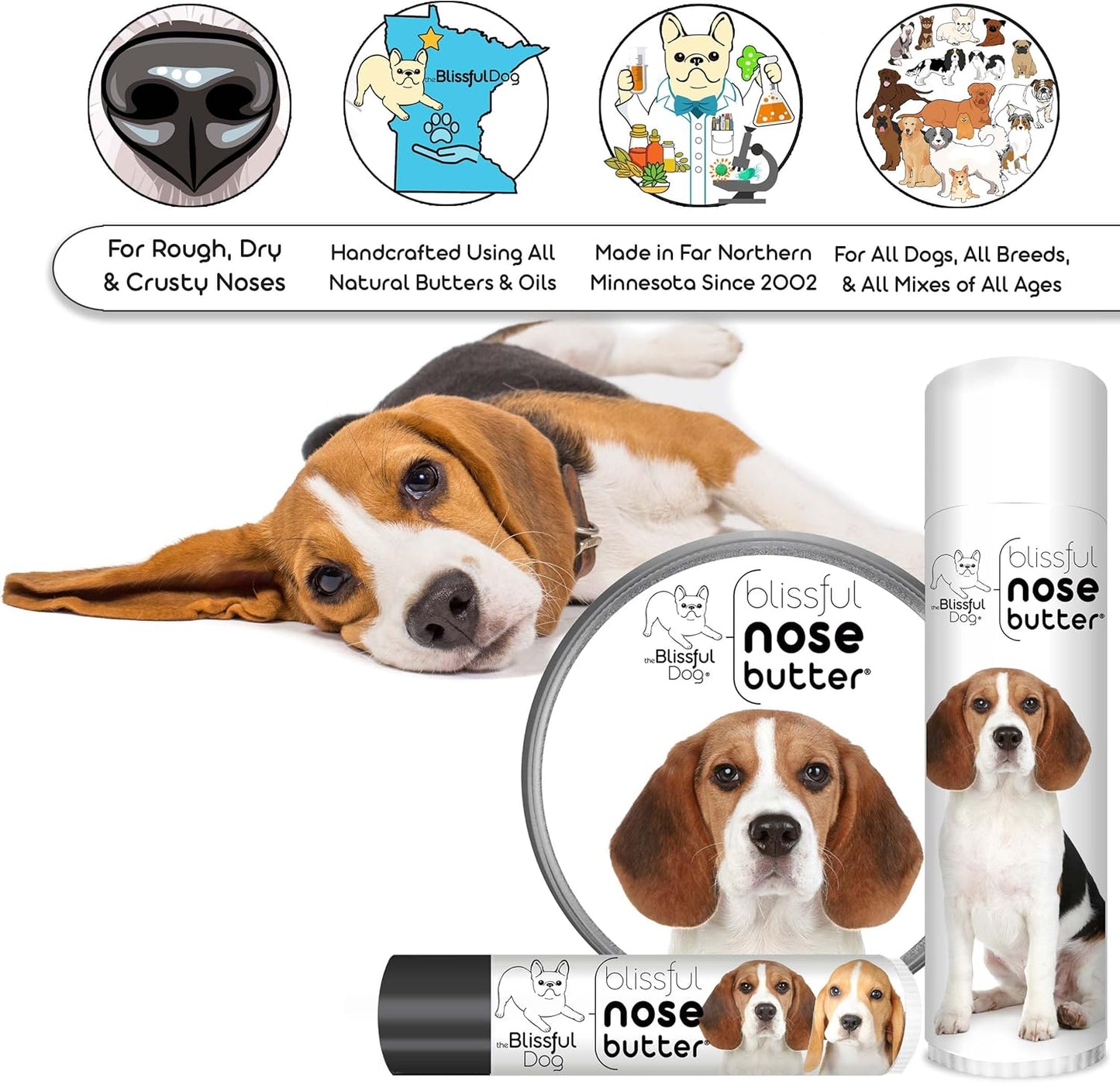 The Blissful Dog Beagle Nose Butter for Dry, Cracked Skin, Lick-Safe Dog Nose Balm with Moisturizing Shea Butter, Almond, Olive, and Essential Oils, Pet Supplies, Uncented, 4 oz.