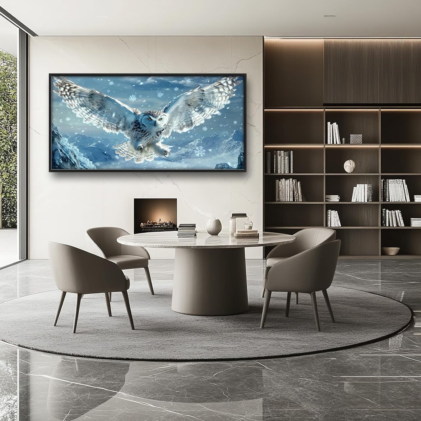 Framed Large Snowy Owl Wall Art for Living Room, Oversized Snowy Mountain Wall Decor Landscape Canvas Painting Modern Artwork Home Decoration for Living Room Bedroom Office 60"x30"