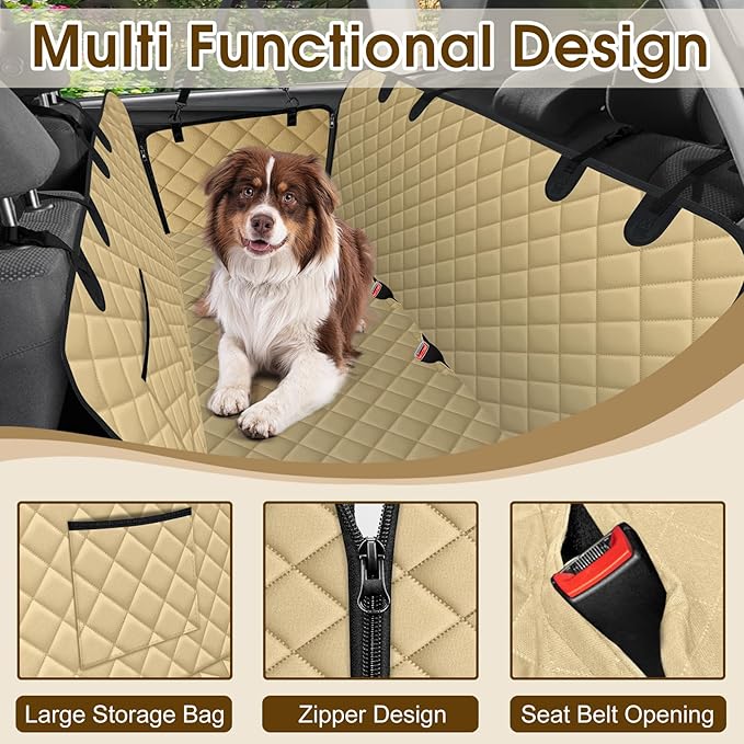 Waterproof Dog Car Seat Cover for Back Seat - Durable, Scratch Proof Pet Hammock with Nonslip Design & Storage Pockets, Fits Cars, SUVs, Trucks - L, Khaki/Black