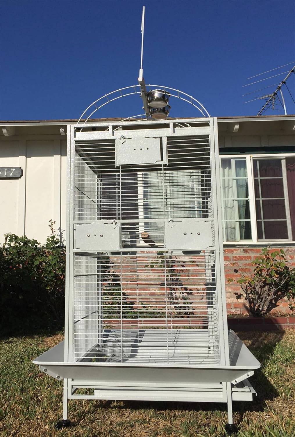 White Extra Large 28"x22"x65"H Double Ladders Open Play Top Wrought Iron Bird Parrot Parttot Finch Macaw Cockatoo Cage, Include Seed Guard and Toy Hook