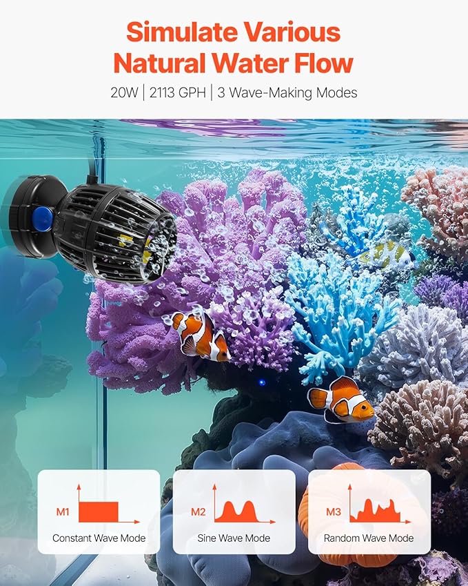 VEVOR Aquarium Wave Maker, 20W, 2113 GPH Quiet and Strong DC Powerhead, Adjustable Fish Tank Circulation Pump with Controller, Strong Magnetic Base, 360° Rotating Wavemaker, for Freshwater Saltwater