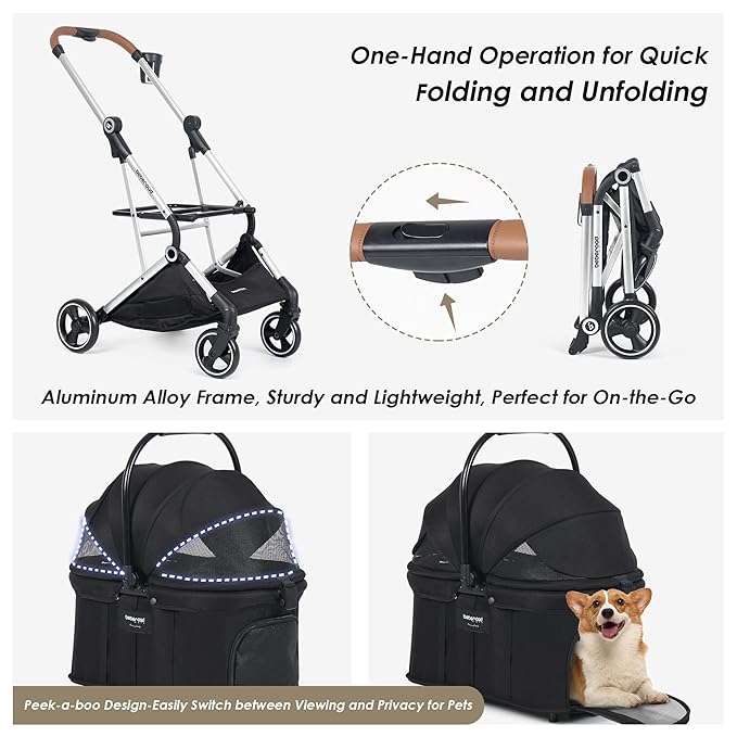 T3 Pro 3-in-1 Small Pet Stroller for Dog & Cats, 4 Wheels with Detachable Carrier with Pad, Canopy and Cup Holder (Black)