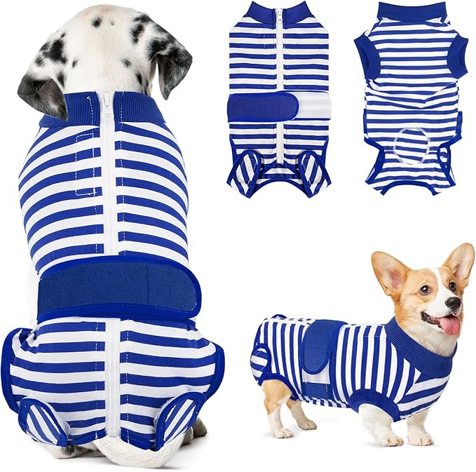 Lukovee Recovery Suit for Dogs, Zipper On Recovery Suit for Female Male Dog, Onesie Abdominal Wounds Cone E-Collar Alternative Prevent Licking Spay Recovery Suit (Large, Blue & White)