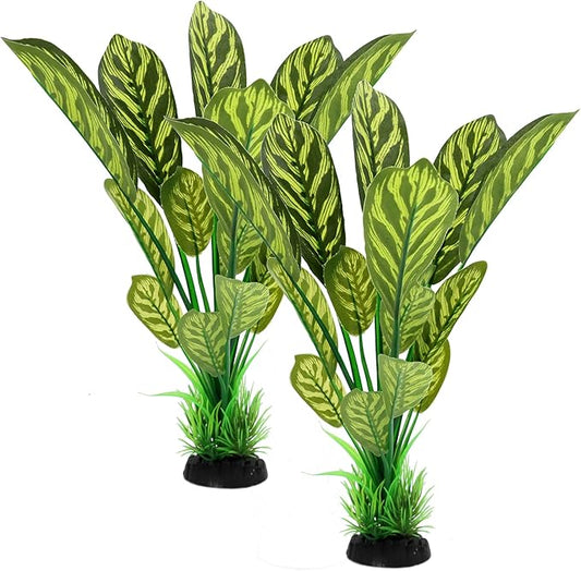 ALEGI Silk Aquarium Plants, 12 Inch Artificial Silk Plants Decorations for Fish Tank,Aquarium Décor Plastic Plants (Green with Stripes, 2 Pack)