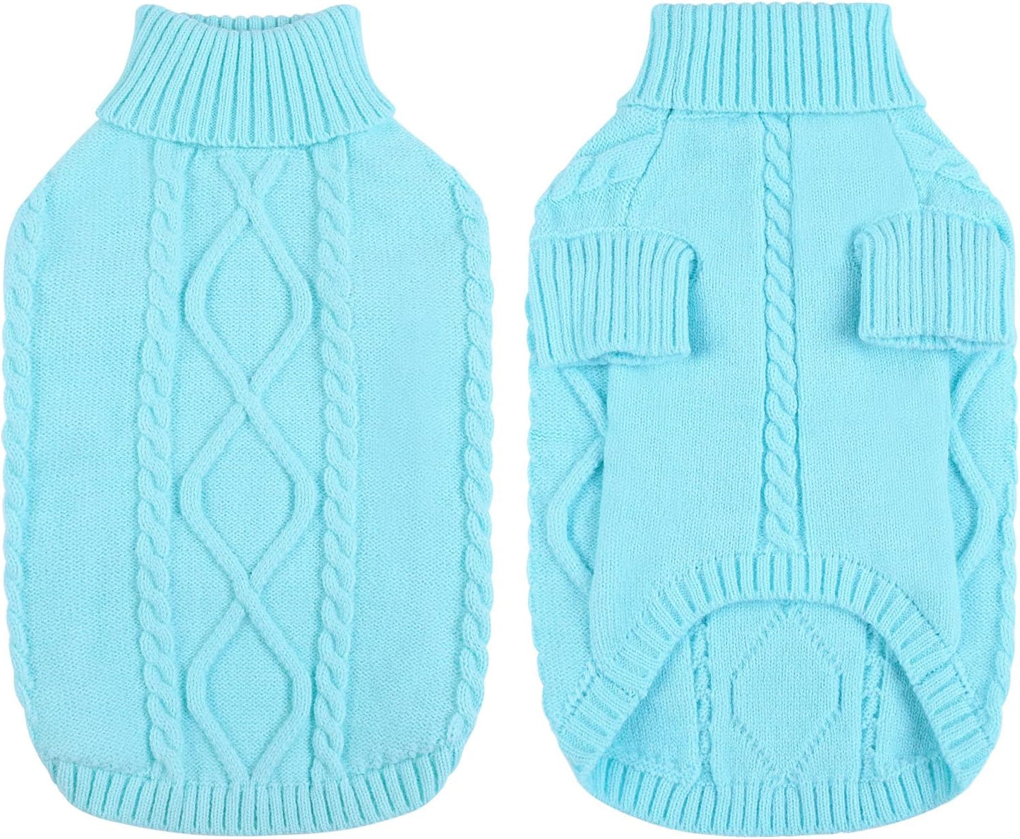 Queenmore Small Dog Pullover Sweater, Cold Weather Cable Knitwear, Classic Turtleneck Thick Warm Clothes for Chihuahua, Bulldog, Dachshund, Pug (Sky Blue, X-Small)