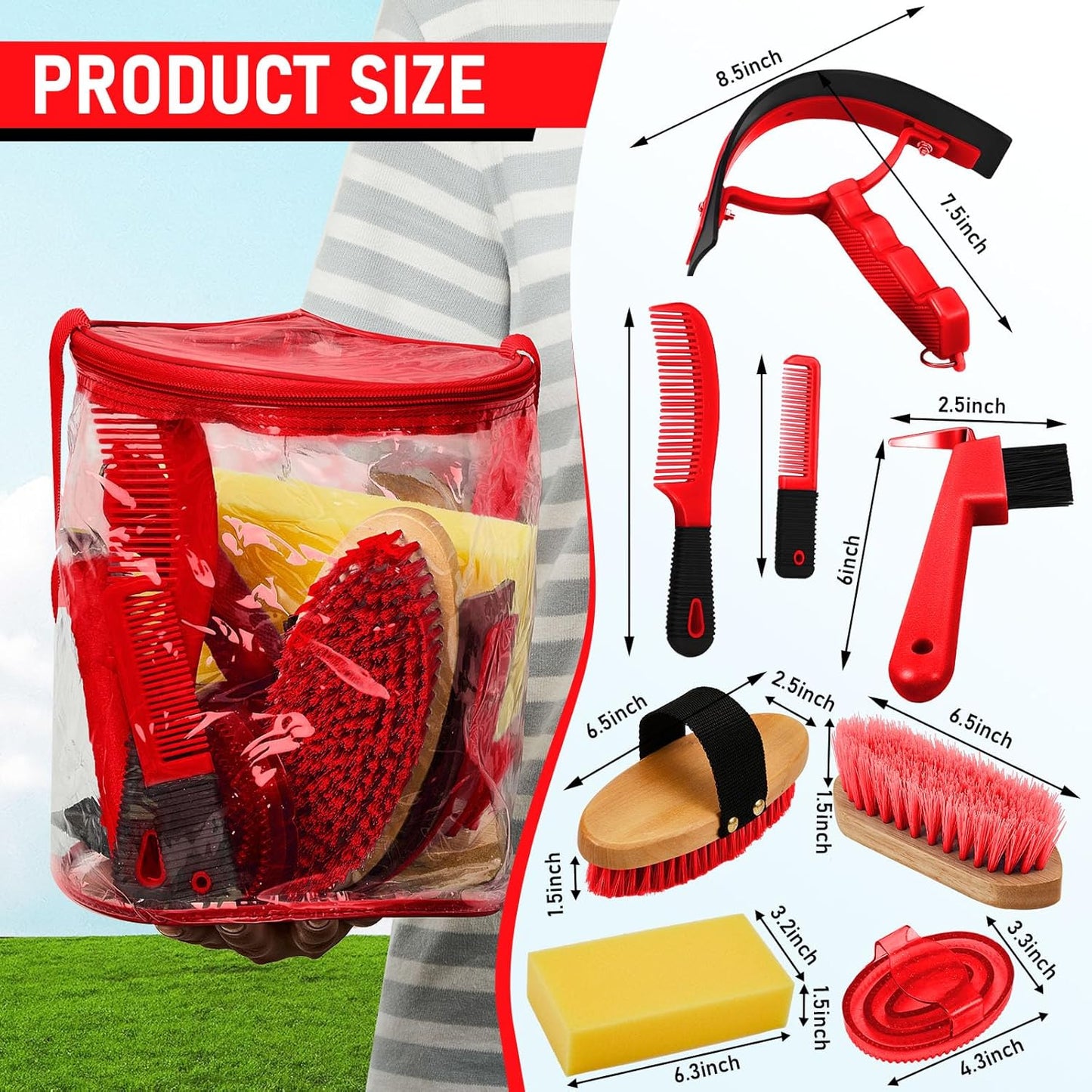 9 Pieces Horse Grooming Kit Tack Room Supplies Set with Organizer Tote Bag, Oval Massage Curry, Hard and Soft Brush, Hoof Pick, Sweat Scraper, Bathing Sponge, Combs for Horse Riders Beginners (Red)