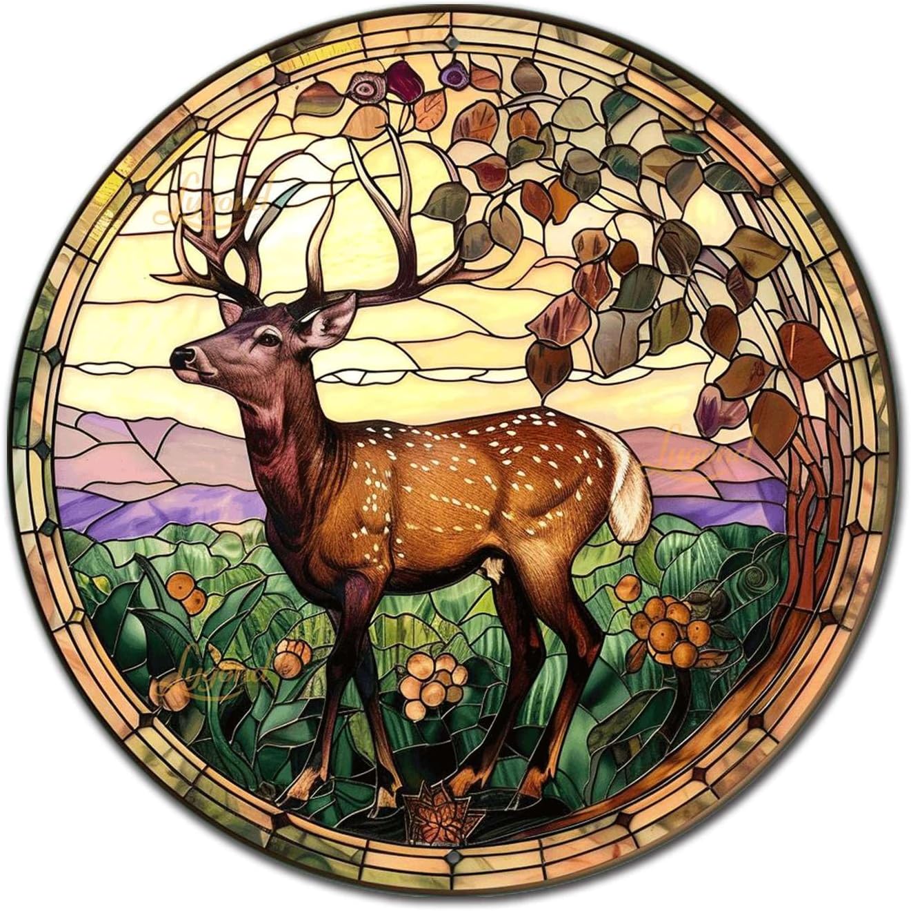 Lygond Metal Sign Tin Sign Circular Stained Glass Deer Vintage Sign for Restaurant 8×8 Inches