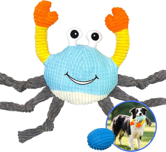Dog Toys for Aggressive Chewers – 3-in-1 Squeaky Interactive Chew Toy with Spiky Ball for Small, Medium & Large Dog, Pet Plush Toys（Bouncing Ball Not Included）