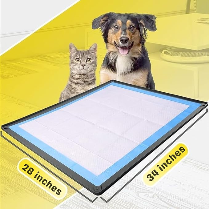 TidyFriend Puppy Pad Holder Tray Fits for 28” x 34” Pee Pads with Corner Lock Holes, Raised Edges, Non-Spill, Easy to Clean Silicone Puppy Potty Tray Holder, for Indoor Floor Protection (Grey)
