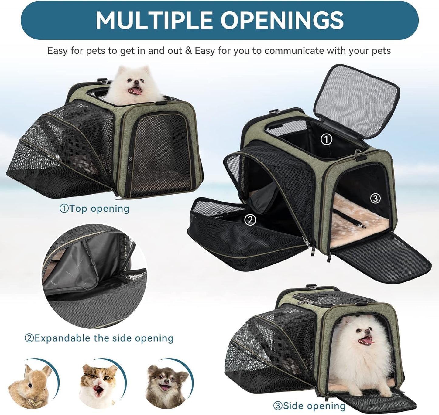 Petsfit Expandable Cat Carrier Dog Carrier, Soft-Sided Collapsible Portable Pet Carrier, 19x12x12, Green