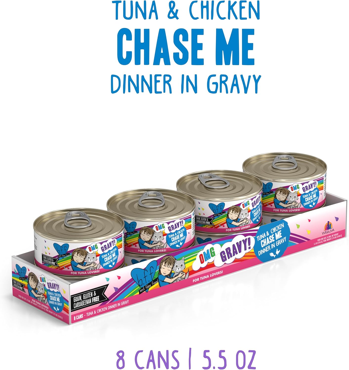 Weruva B.F.F. OMG - Best Feline Friend Oh My Gravy!, Tuna & Chicken Chase Me with Tuna & Chicken, 5.5oz Can (Pack of 8)