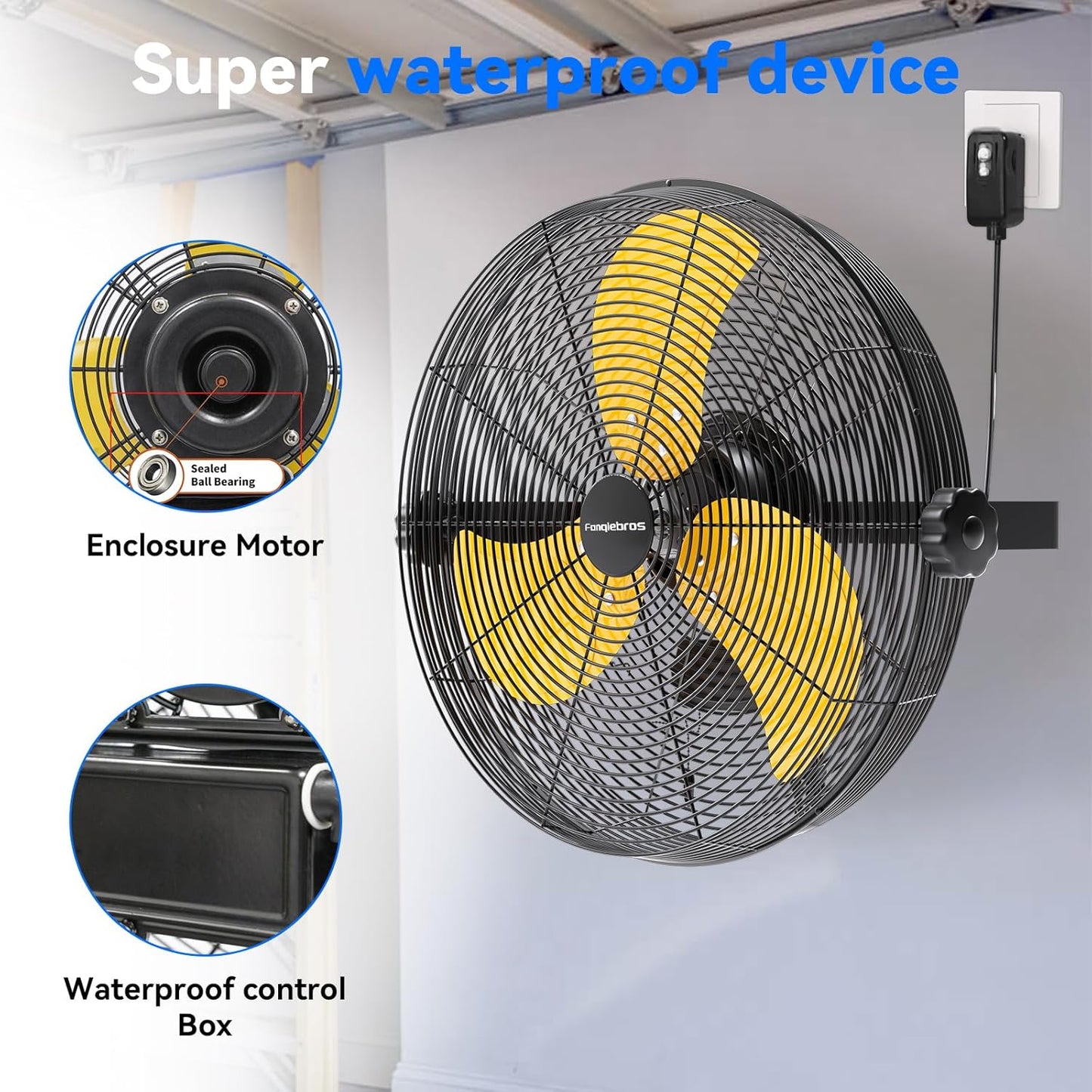 2600 CFM 14 inch Outdoor High Velocity Wall Mounted Fan, 3-Speed Metal Fans with IP44 Enclosure Motor, Industrial Grade Weatherproof Wall Fan for Patio, Greenhouse, Garage, and Gazebo