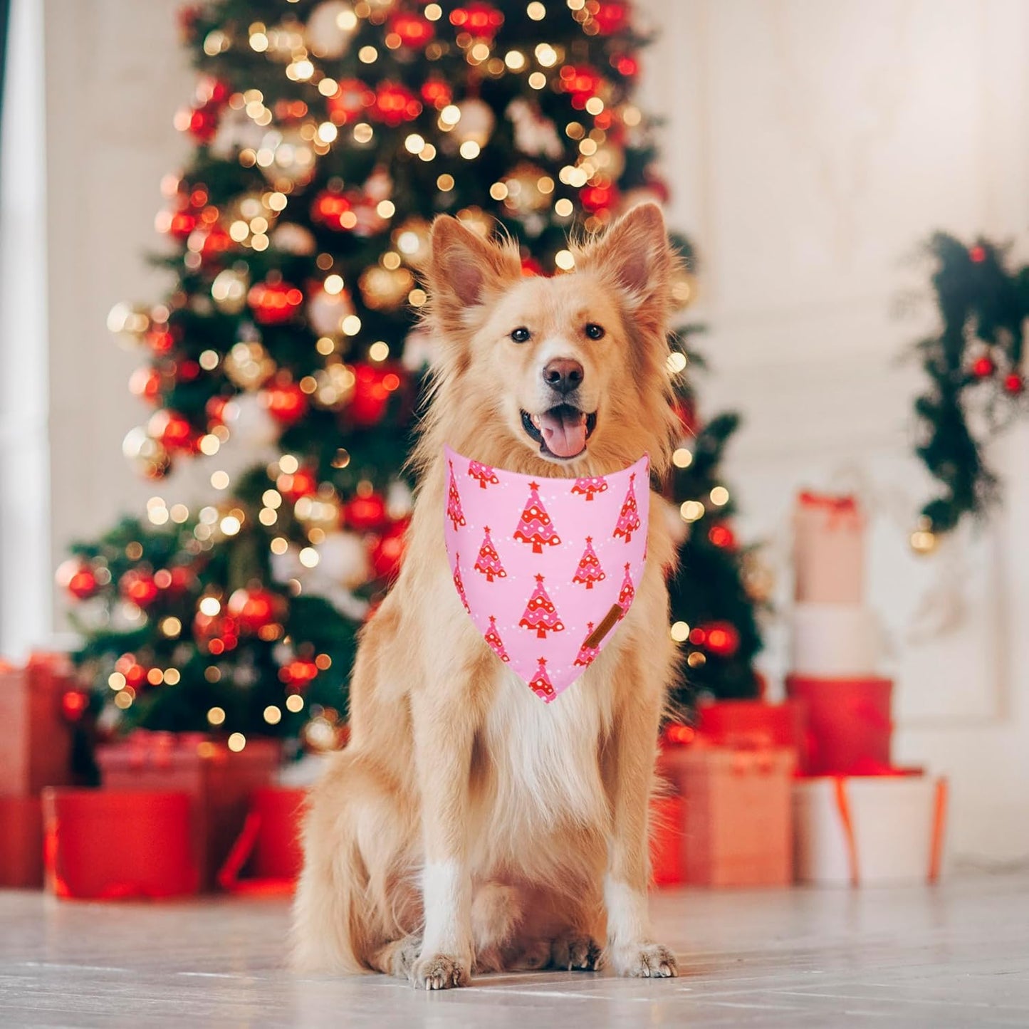 ADOGGYGO Christmas Dog Bandana, Xmas Tree Santa Pet Scarf, Premium Durable Fabric, Adjustable Fit Female Pet Christmas Bandanas for Extra Large Dogs (X-Large)