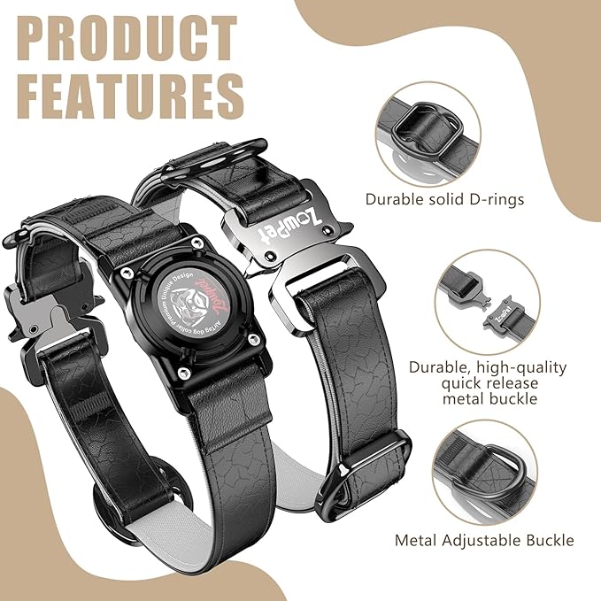 AirTag Dog Collar - Leather Dog Collar with Airtag Holder | IP68 Waterproof AirTag Holder with Metal Buckle, Comfortable GPS Dog Collars Tracker for Medium Large Dogs (Black, L)