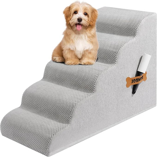Dog Stairs, Romrol Dog Steps Ramp for High Bed and Couch, Dogs Ramp with Durable Non-Slip Waterproof Fabric Cover, Pet Stairs for Small Dogs and Cats or Pets Joints, 4-TiersLight Grey