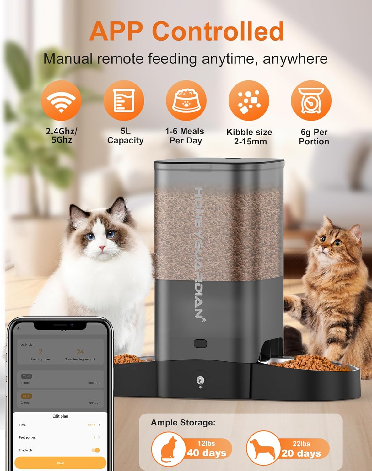 HoneyGuaridan 5L Automatic Cat Feeder for Two Cats, 5G WiFi Smart Feed Pet Feeder with Stainless Steel Bowl,APP Control Dispenser, Dual Power Supply,Desiccant Bag,10s Meal Call Black