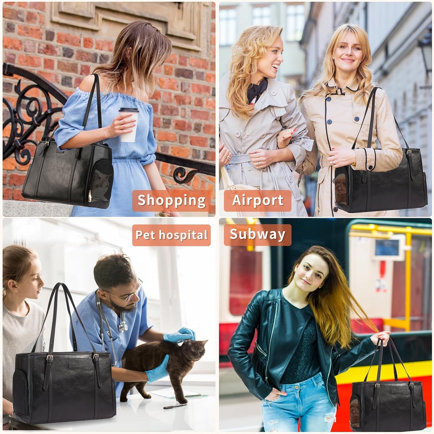 Fashion Dog Purse Pet Carrier Leather Bag for Small Dogs Cats Puppy, Portable Tote Bag Airline Approved Soft-Sided Carriers (Black)