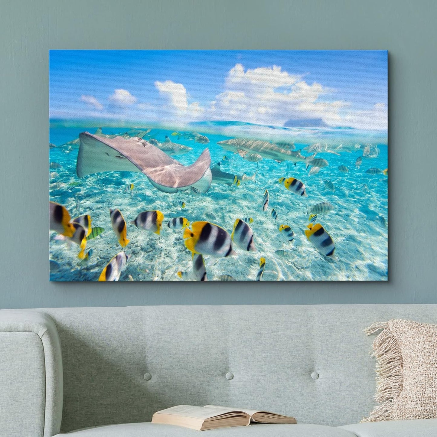 wall26 Canvas Print Wall Art Stingray & Striped Fish Under The Sea Nature Ocean Photography Realism Nautical Scenic Relax/Calm Multicolor Ultra for Living Room, Bedroom, Office - 16"x24"
