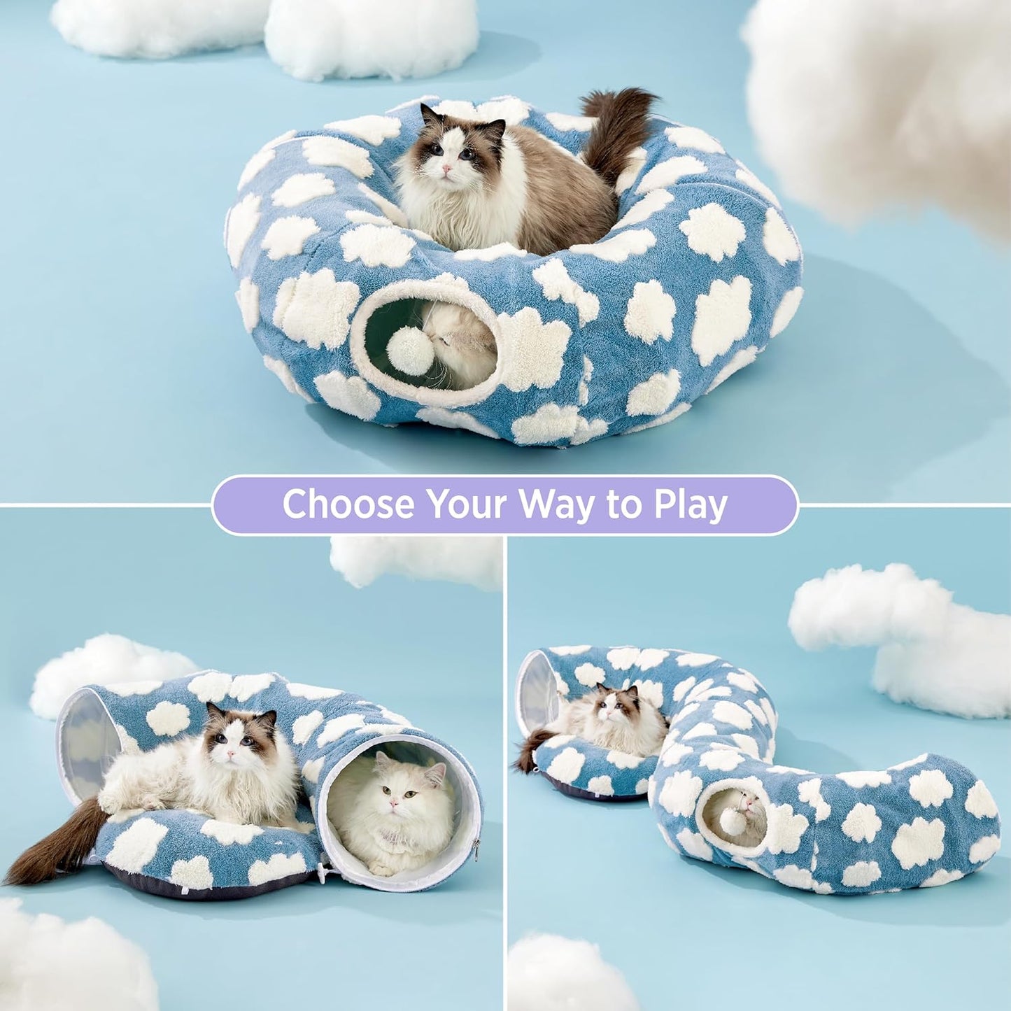 Lesure Cat Tunnel Bed for Indoor Cats - Cute Cat Donut Tunnel Toys for Small Large Cats with Washable Circle Cushion, Round Pet Peekaboo Cave Toy for Kitten/Puppy/Rabbit, Standard Blue