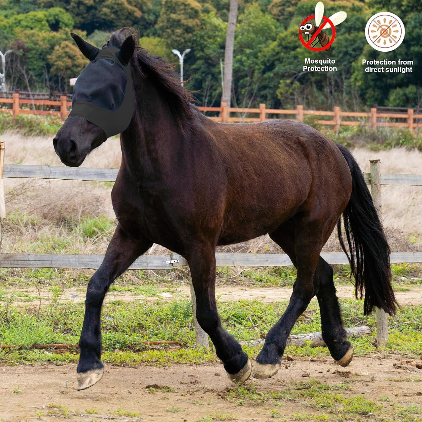 2 Piece Horse Fly Mask with Ears, Comfortable Fit Stretch Fabric Big Eye Space Soft Breathable with UV Protection for Full Horses (Red-Black)