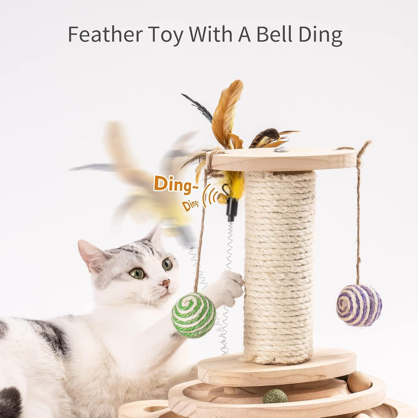 MEWOOFUN Cat Toy 2-Layer Turntable Cat Ball Toy with Feather,Kitten Toys Interactive Cat Toy with Eight Interactive Balls and Two Sisal Dangling Balls (Large)