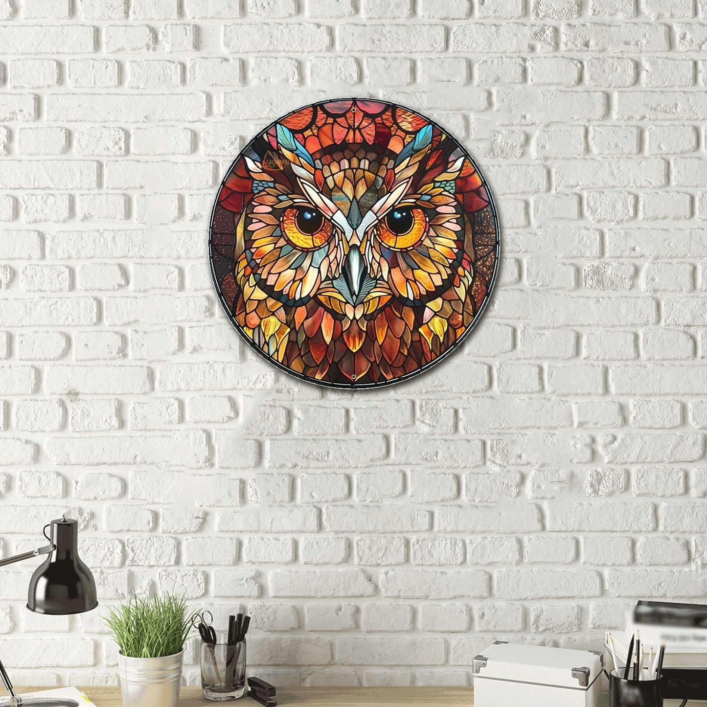Lygond Metal Sign Tin Sign Circular Stained Glass Owl Metal Garden Signs for Garden 12×12 Inches