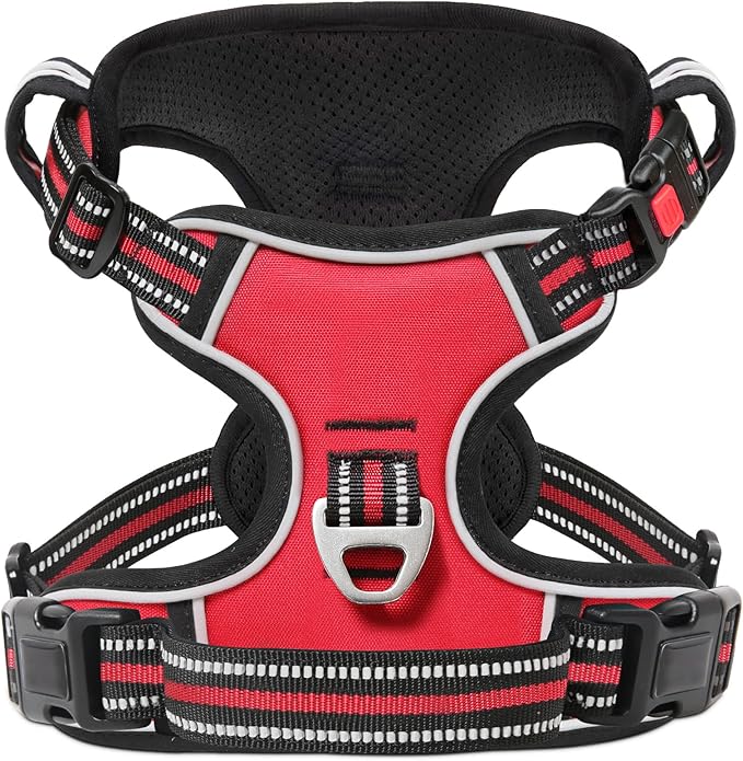 Timos Dog Harness Small Sized, No Pull with Neck Lockable Snap,No Choke Front Clip Dog Reflective Harness,Adjustable Metal Rings 3 Buckles,Easy Control Handle for Small Dogs Red S