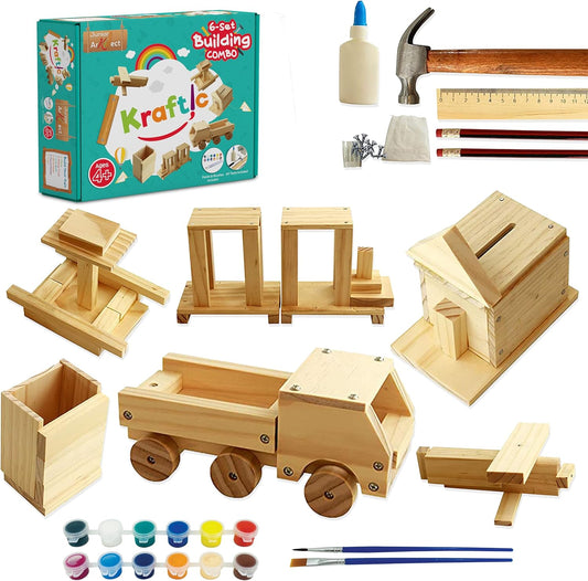 Kraftic Woodworking Building Kit for Kids and Adults, with 6 Educational Arts and Crafts DIY Carpentry Construction Wood Model Kit Toy Projects for Boys and Girls