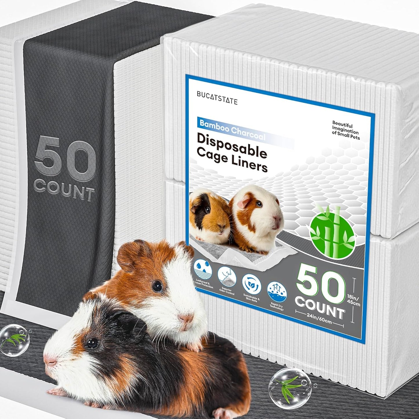 BUCATSTATE 50 Count Disposable Guinea Pig Cage Liners, Super Absorbent Guinea Pig Bedding, Bamboo Charcoal Odor Control Pee Pads for Rabbits, Ferrets and Small Animals (18''x24'')