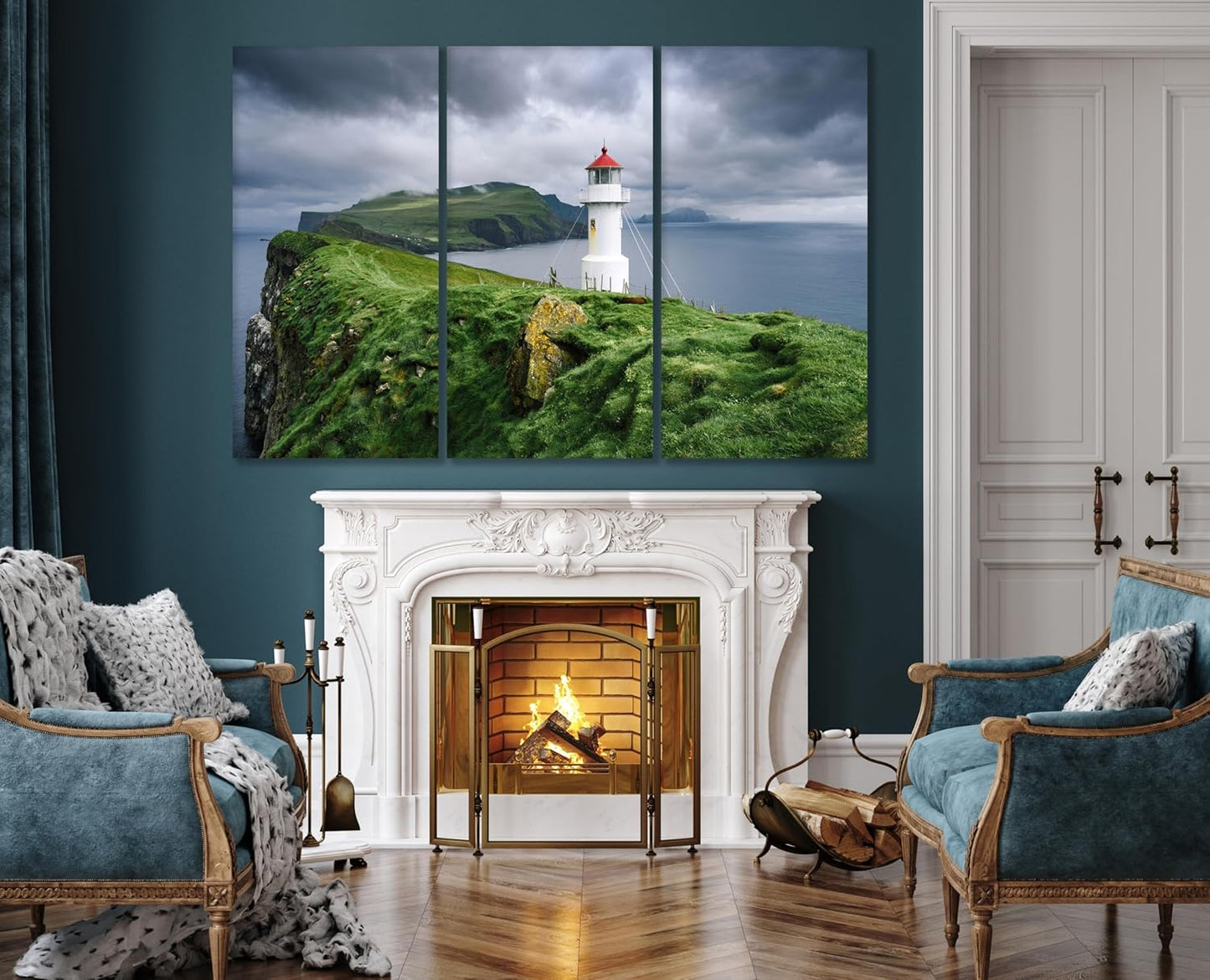 Nature Wall Art Prints - Ocean Forest Mountain Lake Canvas Landscapes - Small to Extra Large Living Room Bedroom Kitchen Bathroom Décor (Stormy Sky Lighthouse, 55L" x 83W"- 3 Panels)