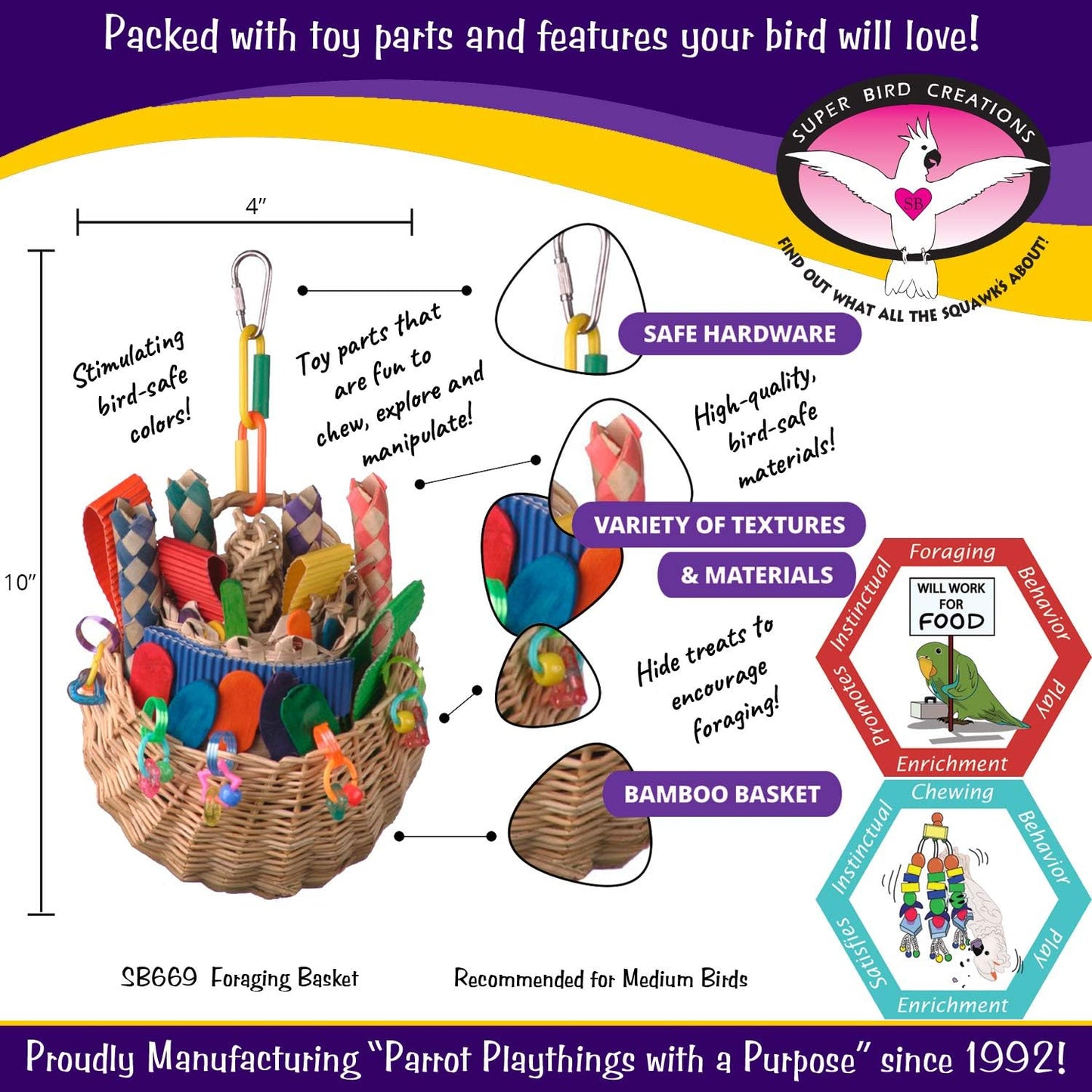 Super Bird Creations SB669 Wicker Foraging Basket Bird Toy for Parrots Cockatiels Ringnecks Medium Conures Quakers,Caiques Pionus - Crunchy Multi-Colored Textures - Medium Bird Size, 10” x 4” x 5”