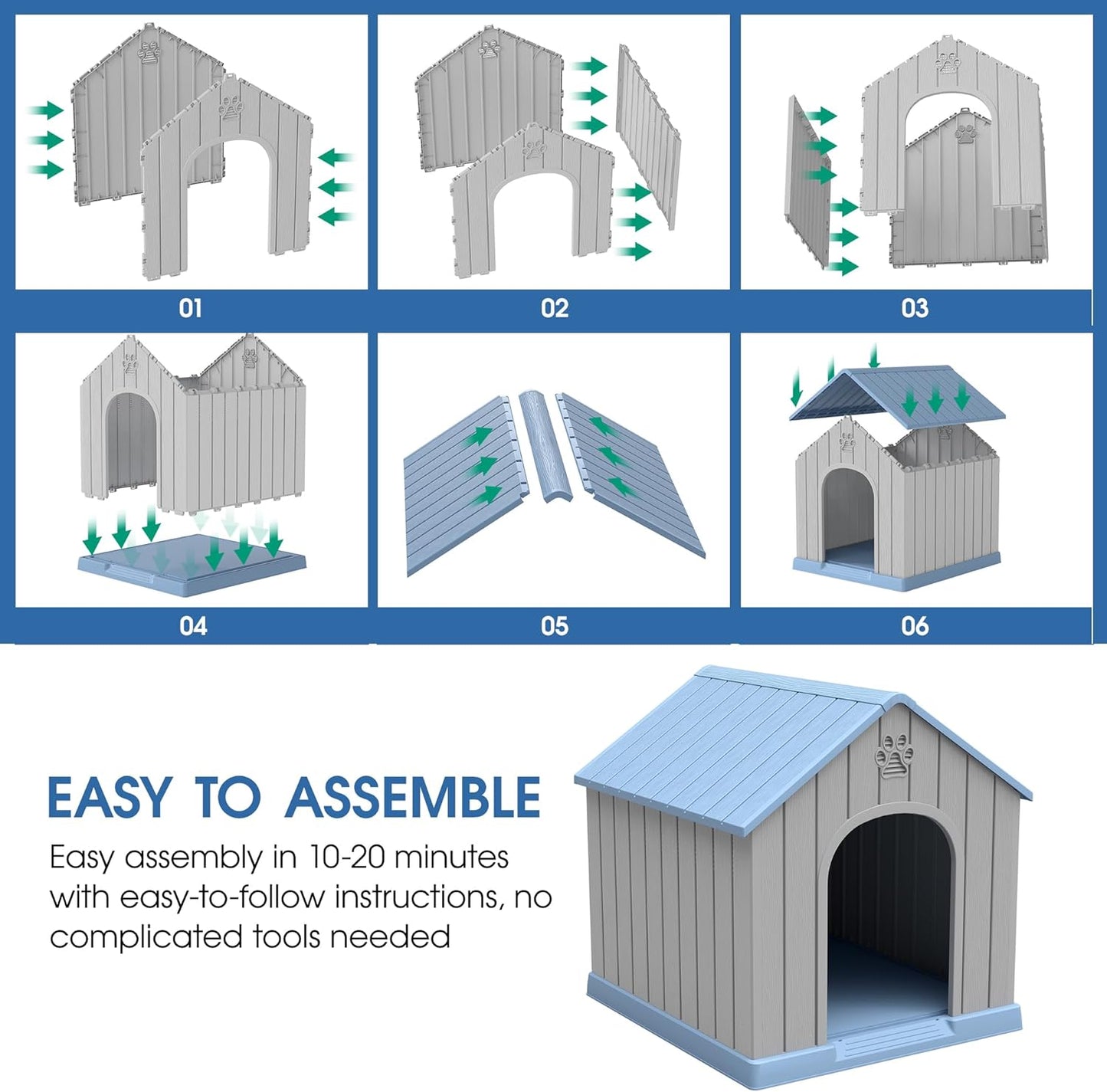 Large Outdoor Plastic Dog House - Indoor Outdoor Use for Medium & Large Dogs, Durable Waterproof Doghouse with Air Vents, Elevated Floor, Easy to Clean & Assemble(Blue2, 36.2''L×38''W×38''H)