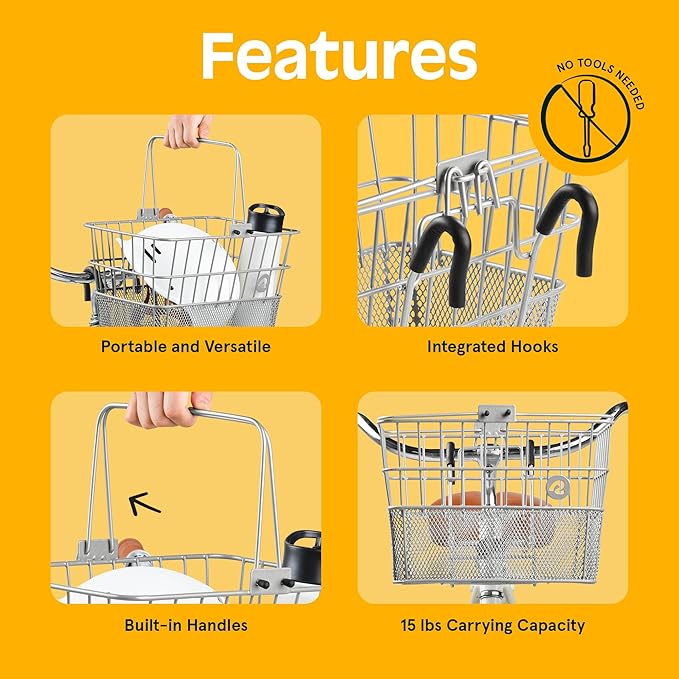 Retrospec Apollo Detachable Front Bike Basket Steel Half-Mesh with Integrated Detachable Hooks and Built-In Handle, Easy Assembly and Portability for Bicycles
