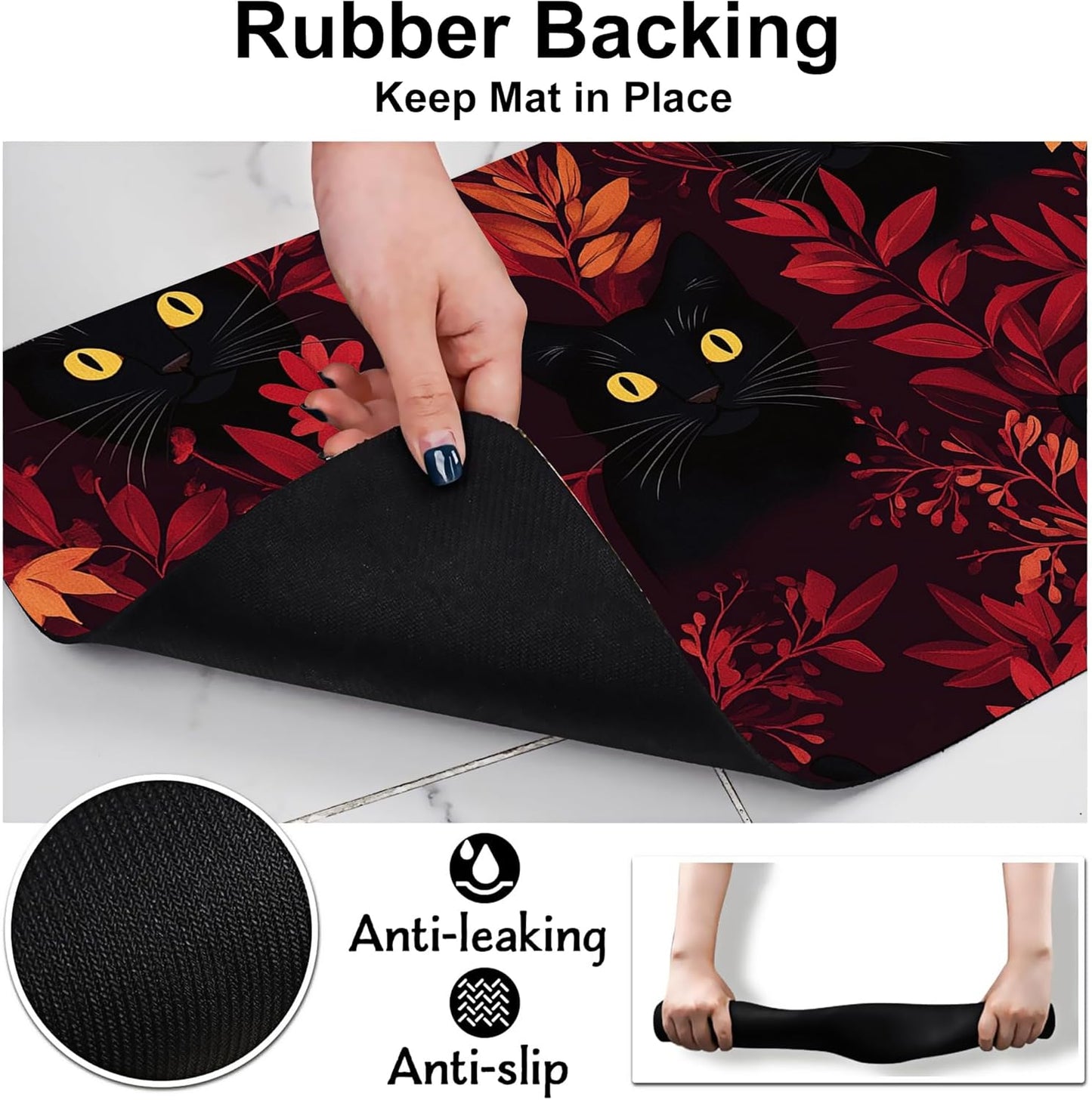 Black Cat Forest Pet Feeding Mat-Quick Dry Absorbent Dog Cat Food Mat, Anti-Slip Water Bowl Mats for Messy Eaters-No Stains Indoor Pet Accessories 12"x20"