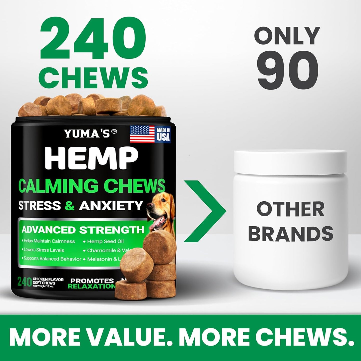 Hemp Calming Chews for Dogs - 240 Treats - Advanced Dog Calming Chews - Anxiety Relief Supplement Treats with Melatonin - Sleep Aid for Separation, Barking, Stress, Hip and Joint Support Made in USA