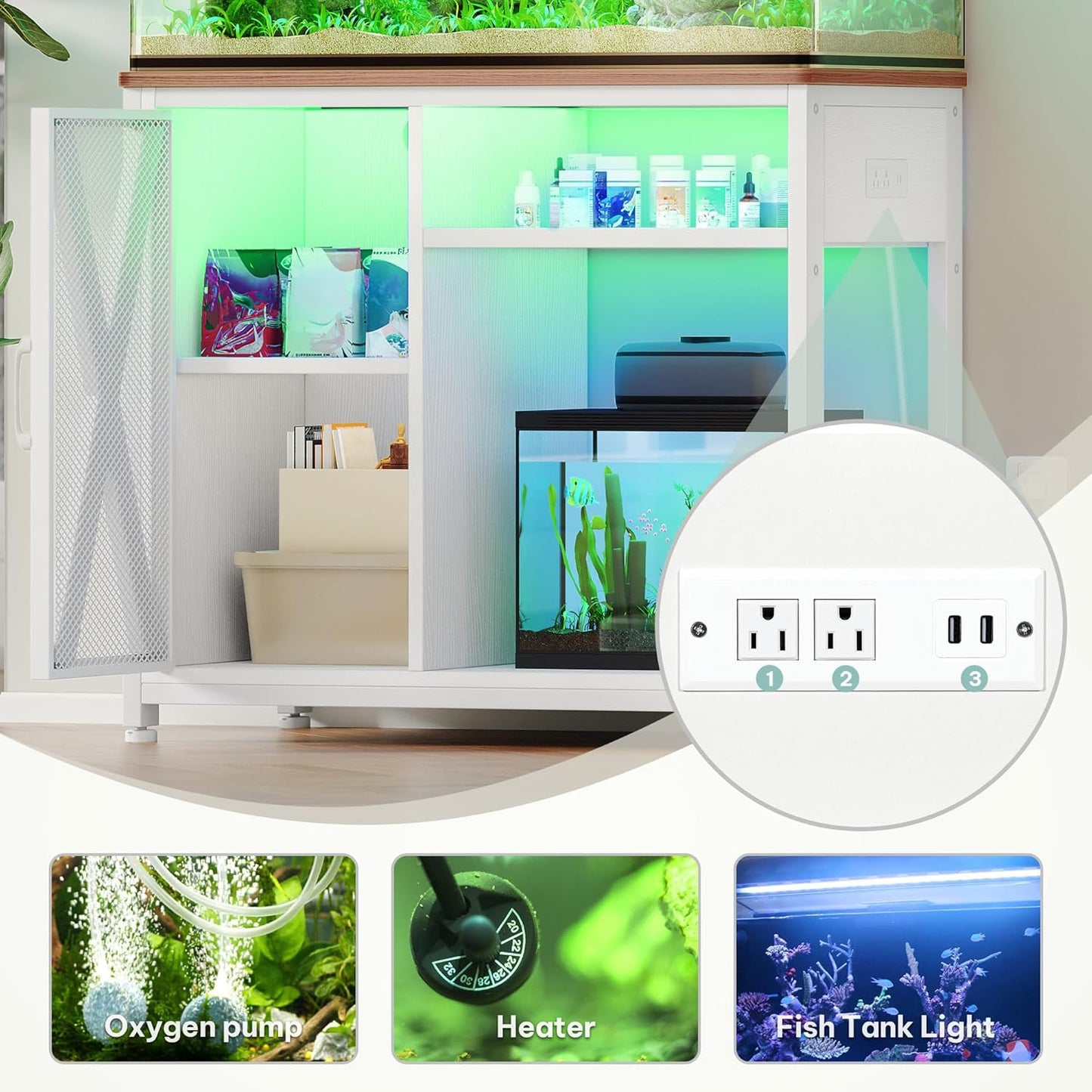 YITAHOME Fish Tank Stand with Power Outlets & LED Light, 40-50 Gallon Metal Aquarium Stand with Cabinet for Fish Tank Accessories Storage for Turtle Tank, Reptile Terrarium, 660LBS Capacity, White