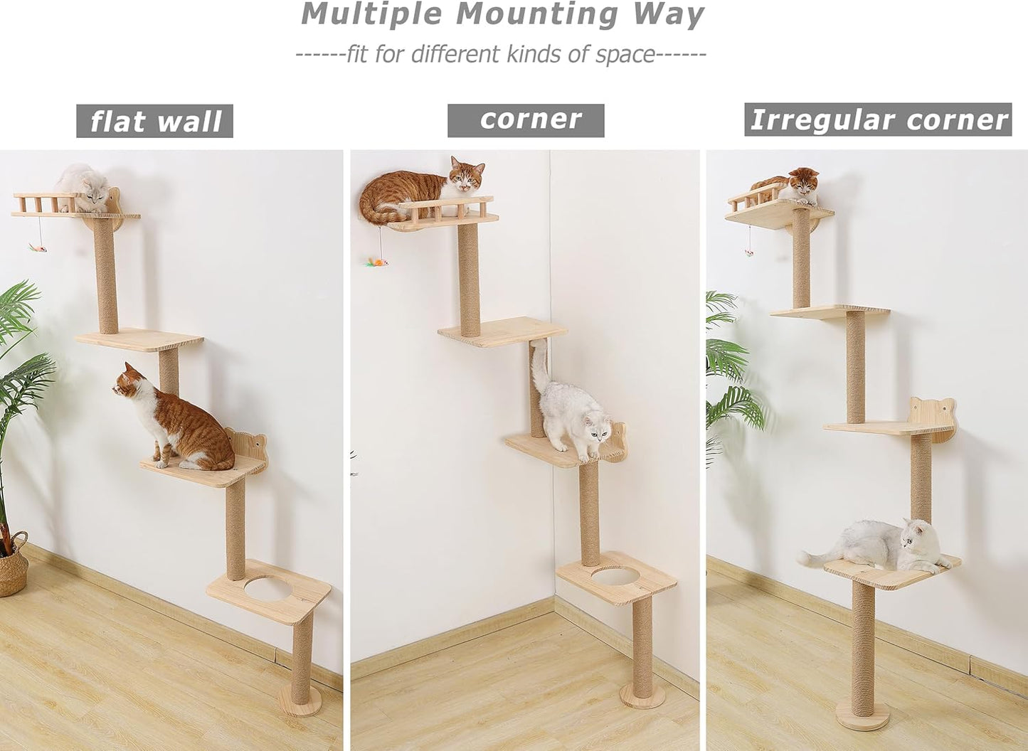 Cat Tree Wall Mounted with 4 Levels Shelves, 73" Wood Corner Tower Inside Kitten Playground for Climbing,Playing and Lounging (Right to Left)