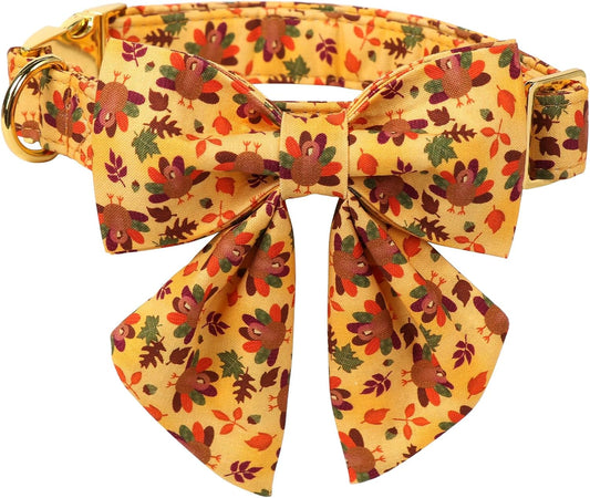 Lionet Paws Thanksgiving Day Dog Collar with Bowtie, Dogs Sailor Bow Collar with Metal Buckle for Dogs, Adjustable Comfortable Dog Collars Girl, M, Neck 13.5-22 in