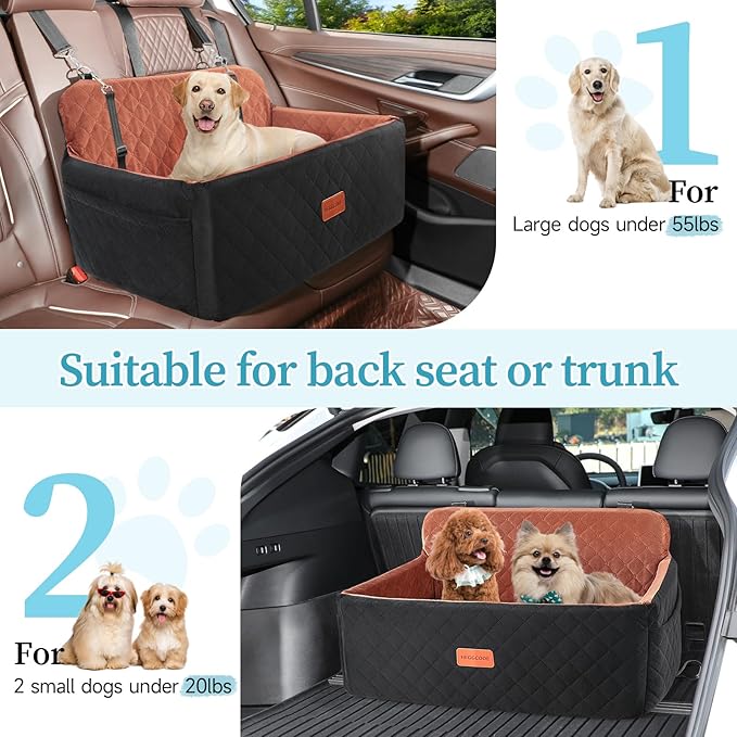 Dog Car Seat for Medium/Large Dogs, Pet Booster Seat for Under 55 lbs or 2 Small Dogs, Detachable & Washable Dog Car Bed for Backseat with 2 Safety Leashes(Black/Brown)