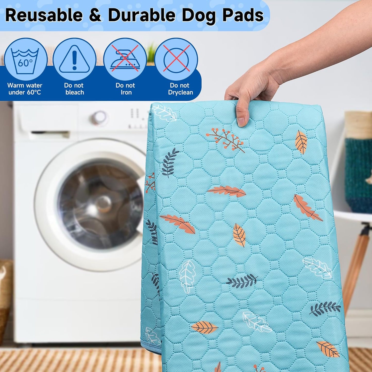 Sunheir Washable Pee Pads for Small Pet 5-Pack, Reusable Pet Training Pads Absorbent & Leak-Free, Waterproof Pee Pads for Dog Cat Rabbit Guinea Pig Hamster, Whelping Pad (Leaves - Sky Blue, 12x12)