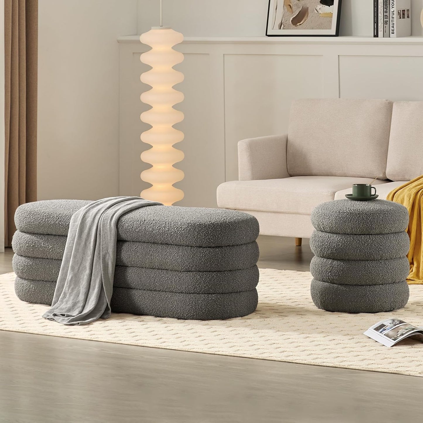 Storage Ottoman Bench 49.2 Inch Upholstered Fabric Storage Bench for Bedroom End of Bed Aesthetic Large Oval Ottoman for Living Room(Grey)