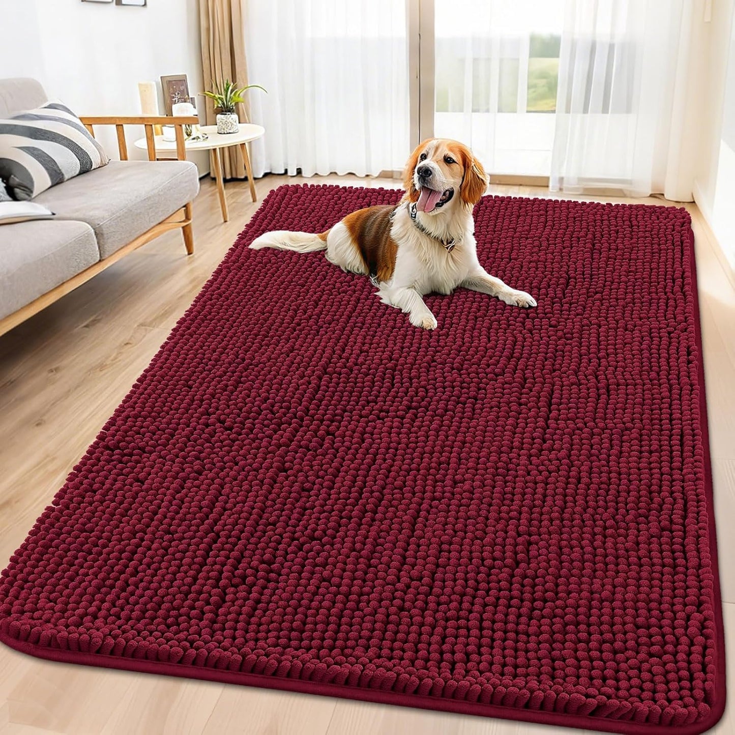 Smiry Dog Door Mat for Muddy Paws 71x46, Absorbs Moisture and Dirt Doormat, Non-Slip Washable Quick Dry Chenille Front Door Mat Indoor Entrance, Entryway Carpet for Inside Floor, Burgundy