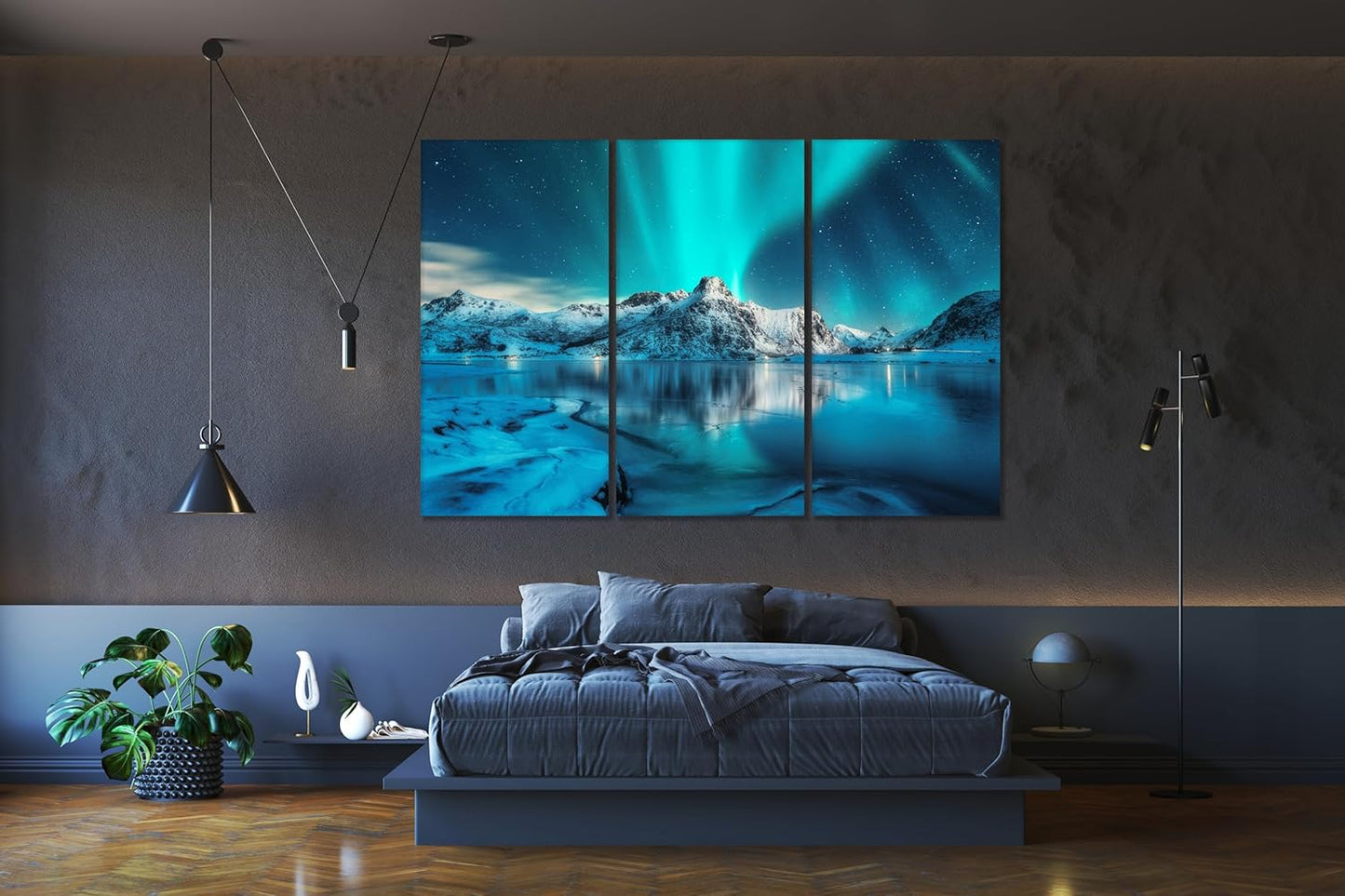 Nature Wall Art Prints - Ocean Forest Mountain Lake Canvas Landscapes - Small to Extra Large Living Room Bedroom Kitchen Bathroom Décor (Northern Lights Over Lake, 39L" x 59W" - 3 Panels)